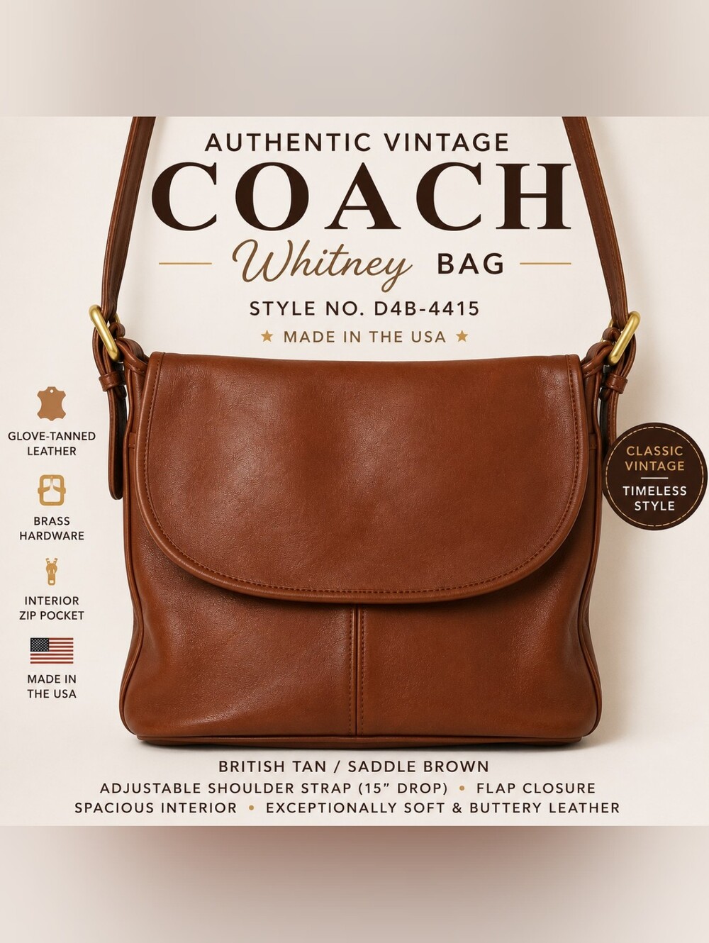 Vintage Coach Leather Whitney Flap Crossbody Shoulder Bag Saddle Brown